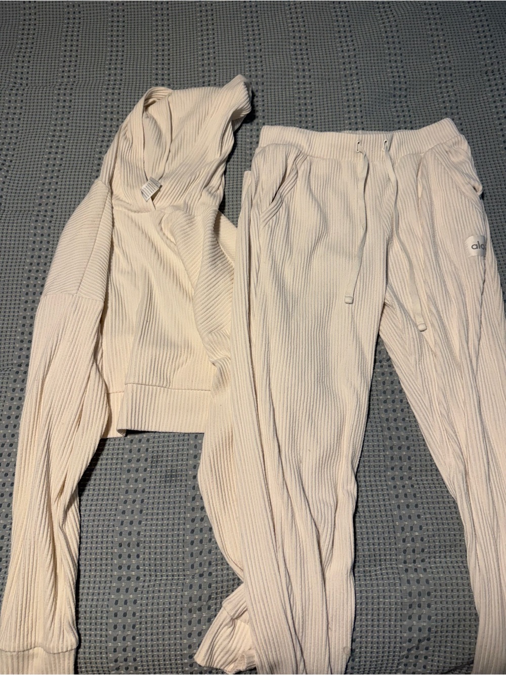 ALO Yoga Cream Ribbed Hoodie & Joggers Set